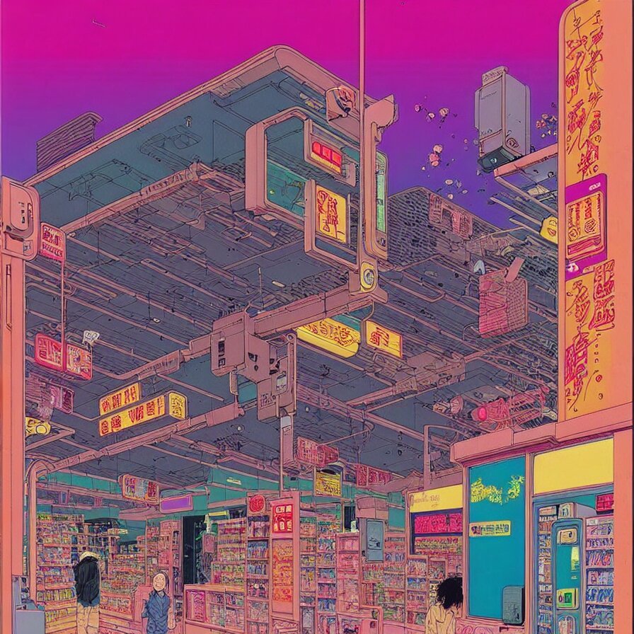 cyberpunk convenience store, showing the future of retail