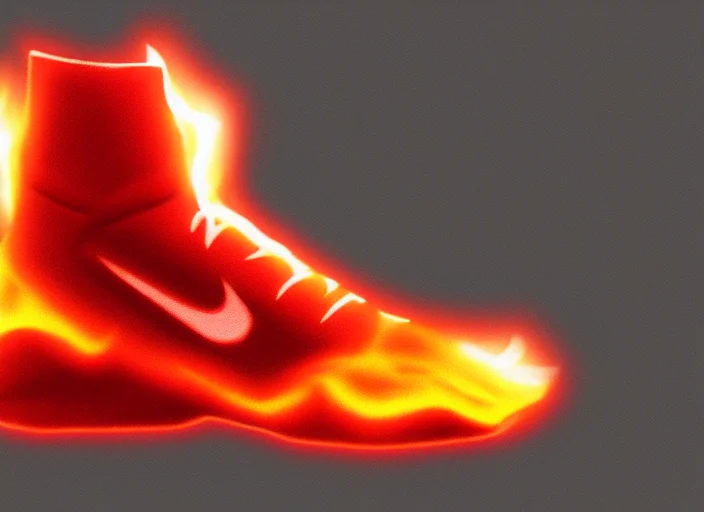 AI generated image, shows Nike shoe surrounded with flames. Shows how DreamBooth can be used for marketing.