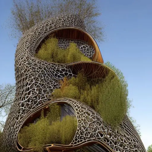 AI generated image, that shows how a very sustainable building (integrated in nature) would look like