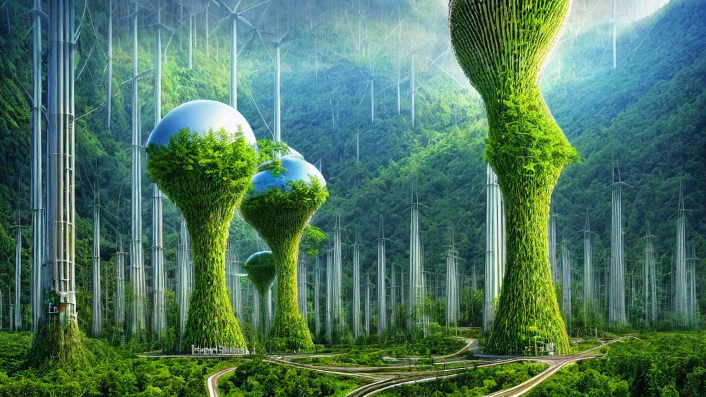 Beautiful AI generated image of a sustainable city, big domes as trees surrounded by vegetation