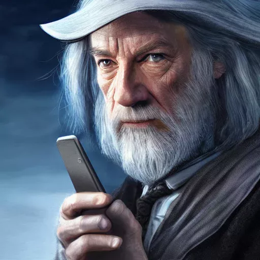 Gandalf from the lord of the rings holding an iphone