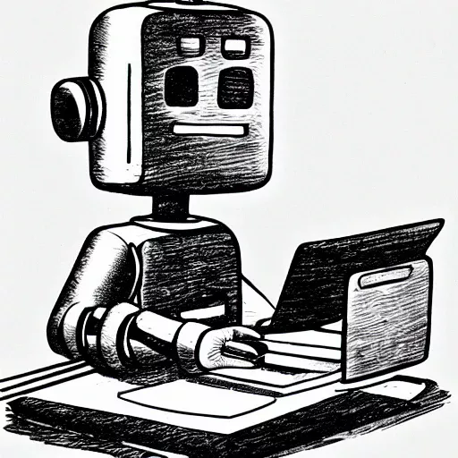 Drawing of a robot working on a computer