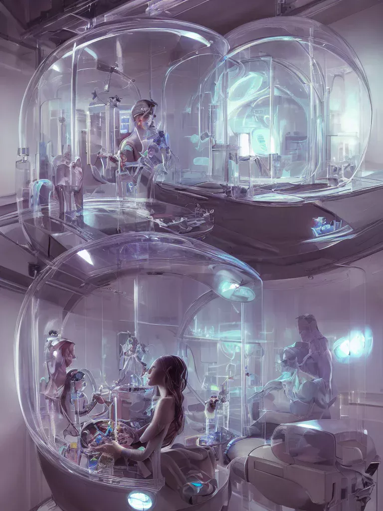 Portrait very beautiful cyborg transparent glossy glass skin surrounded glowing tubes inside an incubator futuristic hospital bio lab, rendered by beeple, by syd meade, by android jones, by yoanne lossel, by artgerm and greg rutkowski, space art concept, sci - fi, digital art, unreal engine, wlop, trending artstation