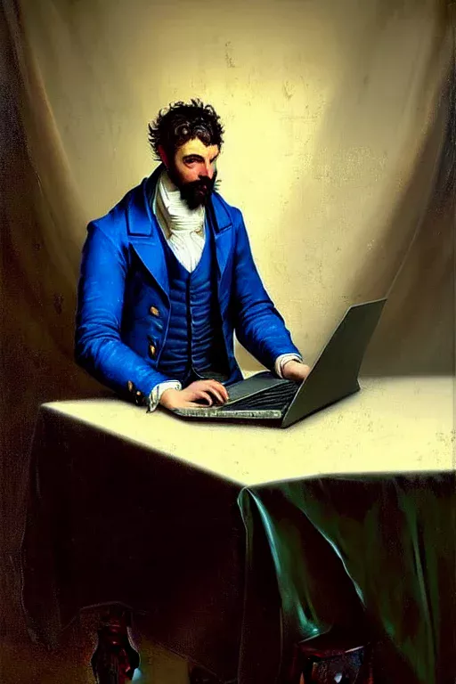 Illustration of a man from the past, dressing Victorian clothes in front of a modern laptop