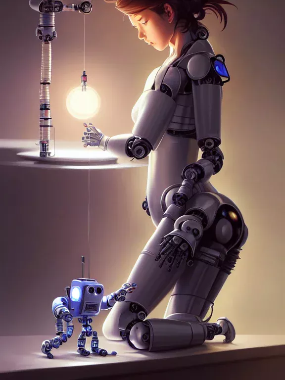 Female cyborg working with a small robot