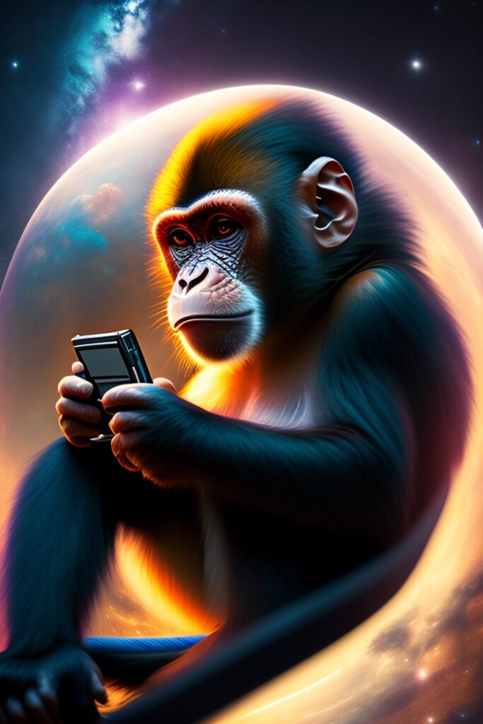 A monkey playing a gameboy in the space