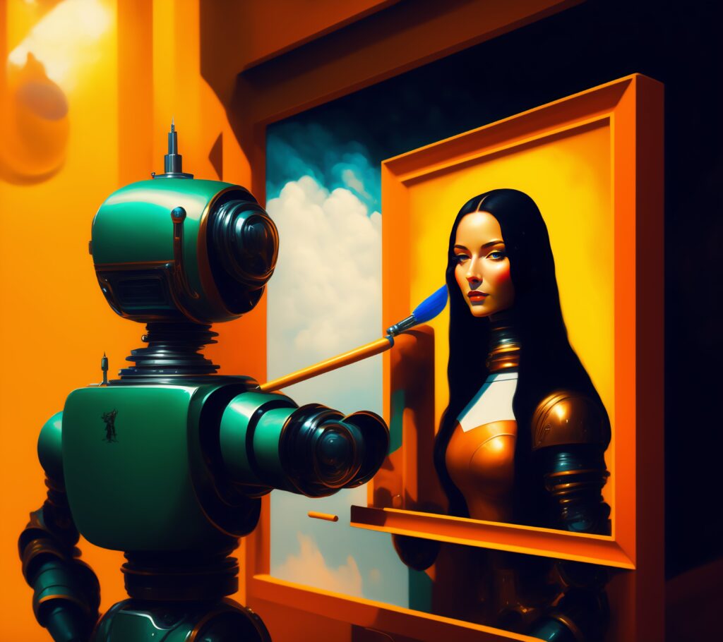 An illustration of bender, robot from futurama as an artist painter, holding a brush next to a canvas on which a robotic mona lisa is painted, cg, concept art, artstation, art, cyberpunk, octane render, by matthew abram groening, 3d, digital world, dreaming, vintage soft grainy, in the style of oscar chichoni and peter mohrbacher and dawid planet